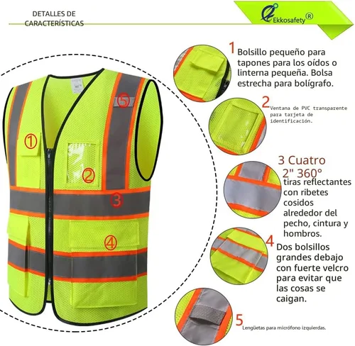 Miniatura 3 de Chaleco de seguridad de malla reflectante para hombres y mujeres con 5 bolsillos y cremallera frontal, chaleco de malla de alta visibilidad Hi Vis