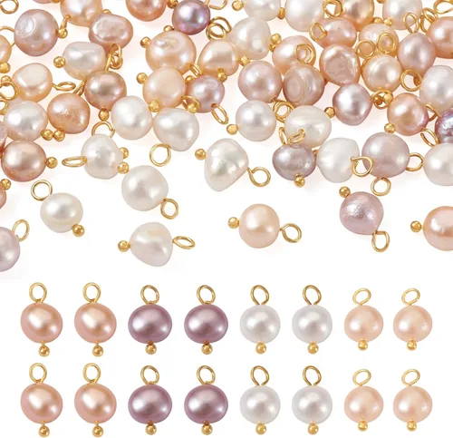 Miniatura 13 de Pandahall - 50 dijes de perlas de agua dulce plateadas, conectores colgantes de perlas naturales y eslabones en forma de arroz con lazo para mujer
