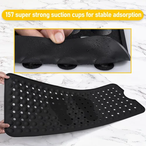 Miniatura 3 de Tapete de silicona antideslizante para bañera de 36 x 16 pulgadas, con orificios de drenaje y ventosas, tapetes mejorados para bañera y ducha, Negro
