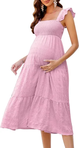 KOJOOIN Vestido de maternidad para mujer, sin mangas, cuello cuadrado, volantes, casual, bohemio, vestido midi para baby shower, sesión de fotos