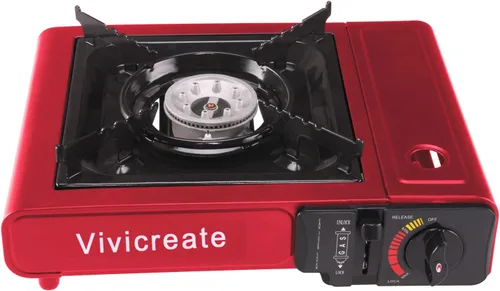 Vivicreate Estufa de gas butano portátil de 8500 BTU para acampar, cocinar al aire libre, quemador portátil ligero con encendido automático, estufa