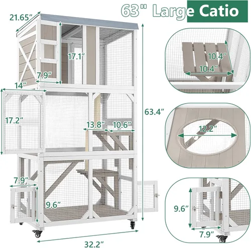 Miniatura 8 de Catio - Caja para gatos para exteriores con ruedas y techo resistente a la intemperie, ventana grande de 63 pulgadas con 3 plataformas, cúpula