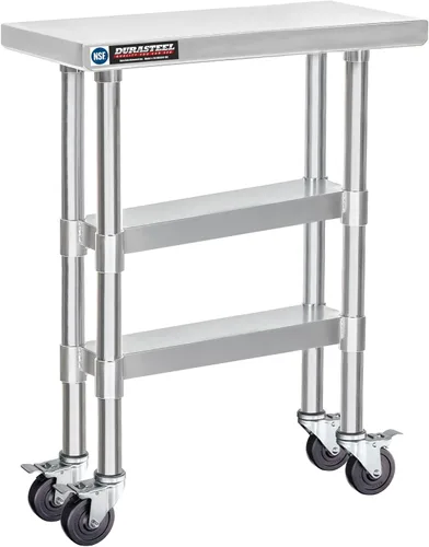 DuraSteel Mesa de trabajo de acero inoxidable de 30 x 12 x 34 pulgadas de altura con 4 ruedas giratorias, mesa de trabajo de grado comercial de