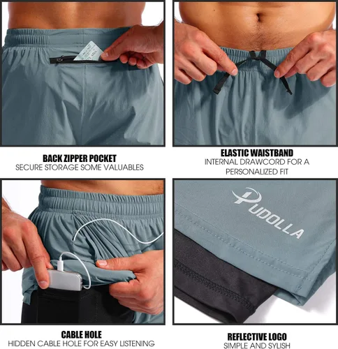 Miniatura 5 de Pudolla Mens 2 in 1 Running Shorts 7" Quick Dry Gym Athletic Workout Shorts for Men with Phone Pockets