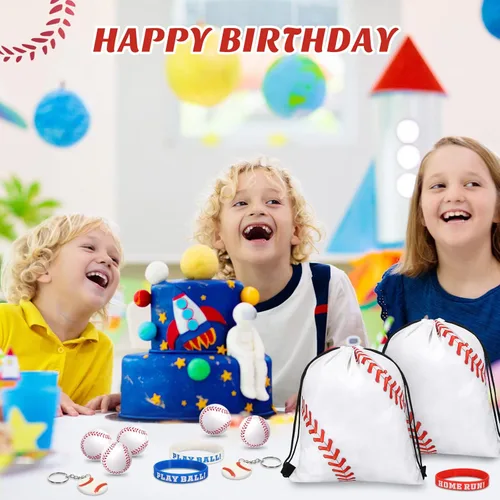 Miniatura 7 de LEIFIDE 48 piezas de regalos de fiesta de béisbol, 12 juegos de pulseras de silicona con cordón, mini pelotas de estrés, llaveros para béisbol