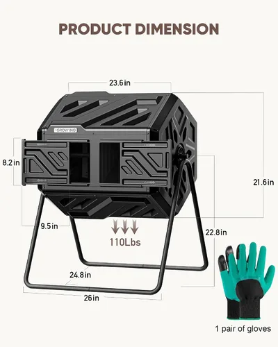Miniatura 9 de THE GROW'ING Contenedor de compostaje actualizado de 43 galones para exteriores, compostador giratorio de montaje rápido, compostador de doble