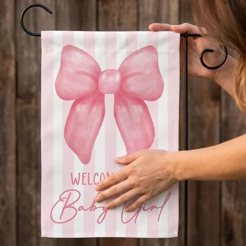Miniatura 7 de Bandera de jardín de bienvenida a casa de doble cara para bebé, 12 x 18 pulgadas, pancarta rosa para decoración al aire libre, revelación de género