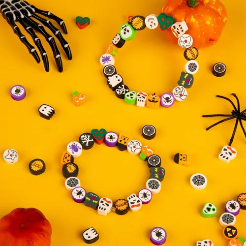 Miniatura 4 de 200 cuentas de arcilla polimérica de Halloween, cuentas espaciadoras Heishi mixtas para mujeres, pulseras, aretes, collares, fabricación de joyas