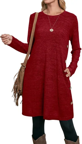 Miniatura 4 de OFEEFAN - Vestido de invierno con manga larga, bolsillos y botones laterales para mujer