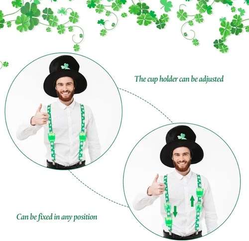 Miniatura 5 de Geyoga 3 juegos de tirantes verdes para el día de San Patricio tirantes elásticos ajustables para hombre con clips trébol con copas y alfileres