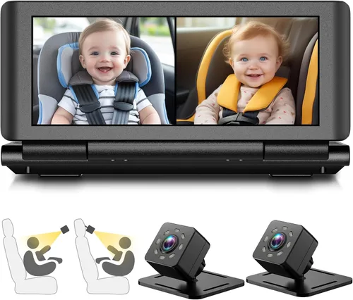 Cámara de coche de bebé para 2 niños, monitor de bebé de pantalla dividida HD 1080P de 6.86 pulgadas con doble cámara de asiento trasero y visión