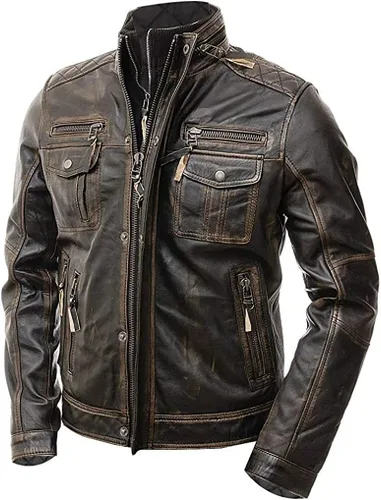 SNA Collection Chaqueta de piel auténtica para hombre, estilo vintage, color marrón envejecido