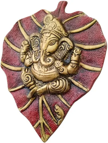 Lord Ganesh / Ganesha / Ganpati On Red Paan Patta - Colgante de pared decorativo para decoración del hogar y la oficina, Feng Shui, Vastu, escultura