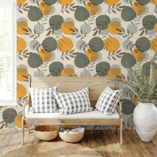 Miniatura 3 de VEELIKE Papel tapiz geométrico bohemio gris naranja con diseño geométrico de hojas vintage para dormitorio, sala de estar, papel de pared Accet