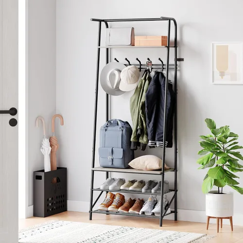 Miniatura 6 de IDEALHOUSE Perchero para zapatos con 5 ganchos, banco de entrada con almacenamiento, muebles decorativos de aspecto de madera con marco de metal
