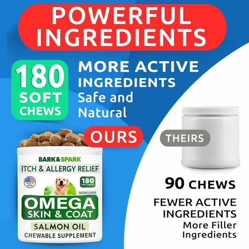 Miniatura 4 de BARK&SPARK Omega 3 para perros - 180 golosinas de aceite de pescado para la muda de pelo de perros, masticables para alergias en la piel, alivio