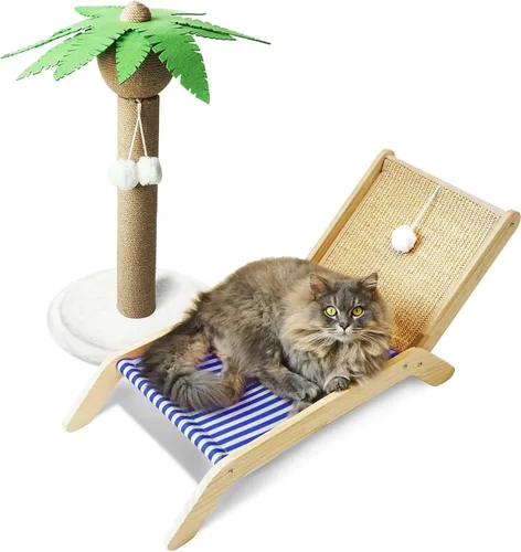 Miniatura 9 de PETKARAY Silla de playa para gatos, camas elevadas para gatos de interior, tumbona acogedora original con rascador de sisal y pelota de juguete Azul