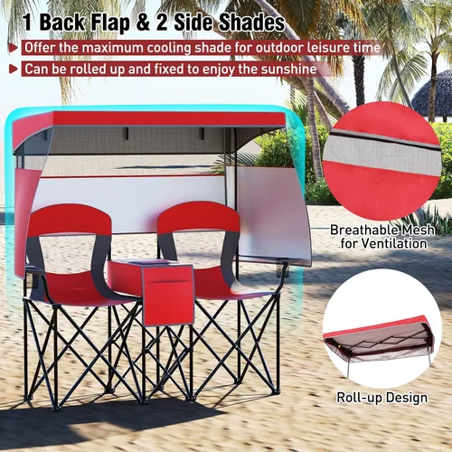 Miniatura 3 de S AFSTAR Silla de camping con toldo, silla de playa plegable para 2 personas con portavasos, cortinas de sombreado de 3 lados y bolsa enfriadora