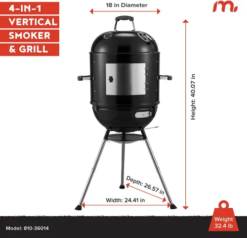 Miniatura 5 de Megamaster Ahumador vertical para barbacoa de carbón de 18 pulgadas, parrilla portátil 4 en 1 para exteriores con ventilación de aire ajustable, 600