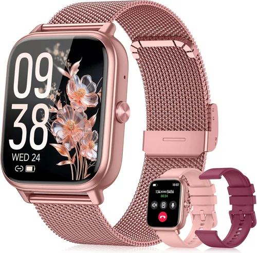 Reloj inteligente para mujeres y hombres, batería de 1000 mAh, contador de actividades, compatible con iPhone y iOS, 3 correas, color rosa