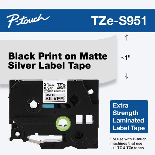Miniatura 2 de Brother P-touch TZE-S951 - Cinta adhesiva laminada extra resistente de 1 pulgada (24 mm) de ancho, negro sobre plateado mate, laminada