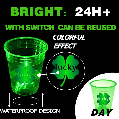 Miniatura 3 de mishunyus 24 tazas brillantes del día de San Patricio, tazas de fiesta de trébol con luces LED, vasos de plástico de 16 onzas para decoración