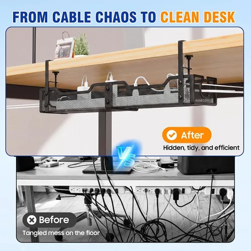 Miniatura 5 de Organizador de cables, bandeja de gestión de cables debajo del escritorio de 25.2 pulgadas, organizador de cables con diseño de abrazadera sin