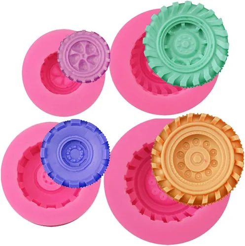 Cestony 4 moldes de silicona redondos 3D para ruedas de camión para manualidades, pasteles, fondant, galletas, jabón, azúcar, pudín, chocolate,