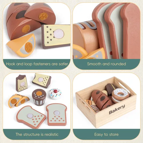 Miniatura 4 de Juego de 10 piezas de alimentos de madera para cocina de niños, juguetes de madera para cortar alimentos, accesorios de juguete de cocina con caja