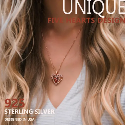 Miniatura 2 de Collar de cristal de 5 corazones, chapado en oro rosa de 18 quilates, colgante con cadena de plata de ley 925 de 18 + 2 pulgadas, joyería de piedra