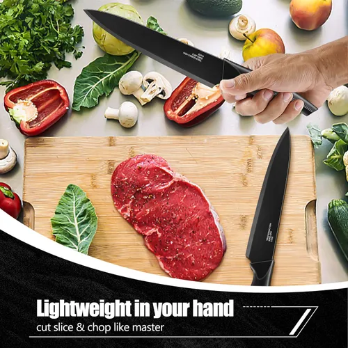 Miniatura 6 de HaWare Juego de cuchillos de cocina de acero inoxidable de 21 piezas, juego de cuchillos de chef negros con 6 Kinves para carne, cuchara medidora