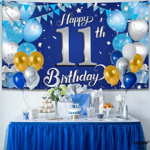 Miniatura 7 de KatchOn, Cartel de feliz cumpleaños número 11 azul y plateado, grande, 72 x 44 pulgadas, telón de fondo de cumpleaños número 11 para decoraciones