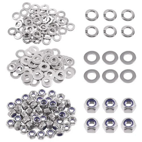 Miniatura 12 de Swpeet Kit de surtido de 150 piezas de tuercas hexagonales de bloqueo de acero inoxidable SAE 304 de 1/4"-20 y arandelas planas de 1/4