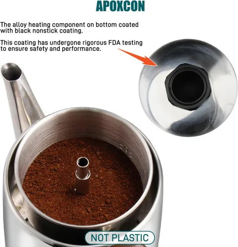 Miniatura 7 de APOXCON Cafetera eléctrica de acero inoxidable con dos perillas de vidrio resistentes al calor y mango de madera tratada con función de mantener