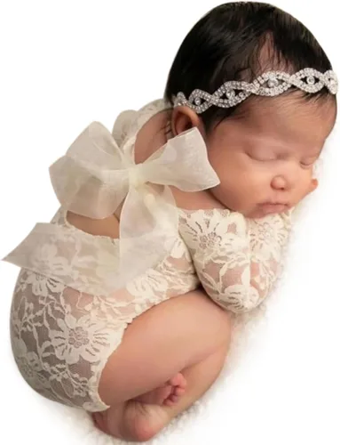 Miniatura 8 de Accesorio de Fotografía para Recién Nacido Conjuntos para Niñas Mameluco de Encaje para Recién Nacido con Diadema Disfraz de Princesa Infantil