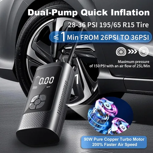Miniatura 4 de Inflador de neumáticos inalámbrico, bomba de aire portátil, accesorios para automóvil y motocicleta, doble bomba, inflado rápido de 1 s, 150 PSI