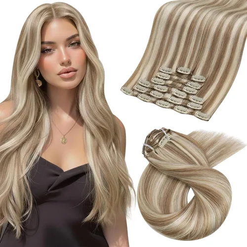 Miniatura 81 de Moresoo Extensiones de cabello humano Remy con clip, color rubio platino, extensiones de cabello humano real de doble trama, color rubio #60, 18