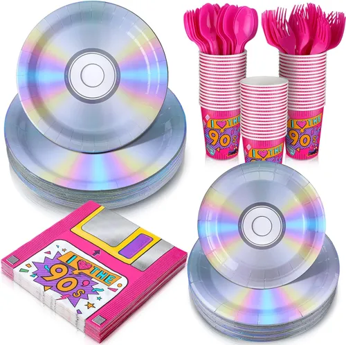 Yungyan Juego de 252 platos y servilletas retro de los años 90, decoraciones de fiesta con texto en inglés "I Love the 90", desechables de vuelta a