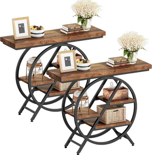 Miniatura 6 de LITTLE TREE Mesa consola para entrada, mesa de sofá de 39.37 pulgadas detrás del sofá, mesa de madera industrial de 4 niveles estrecha con marco