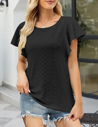 Miniatura 2 de MEROKEETY Camisetas de verano con mangas con volantes para mujer, cuello redondo, ajuste holgado, estilo casual