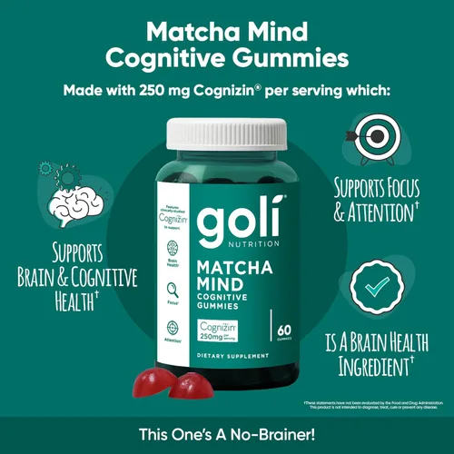 Miniatura 4 de Goli Gomitas Matcha Mind - 60 unidades - Hojas de té verde en polvo con Cognizin para concentración, atención y salud cerebral, veganas, sin OMG
