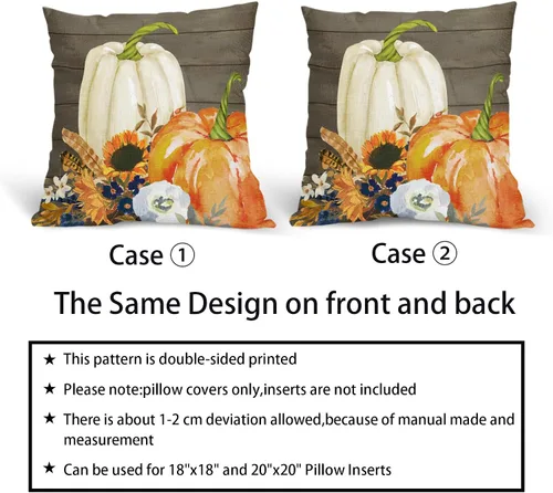 Miniatura 4 de Kawani Fundas de almohada decorativas blancas y naranjas de calabaza de otoño de 18x18 pulgadas con hojas de girasol y madera, juego de 2, cojines