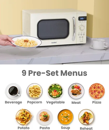 Miniatura 3 de COMFEE' Horno de microondas pequeño retro con tamaño compacto, 9 menús preestablecidos, plato giratorio con memoria de posición, función
