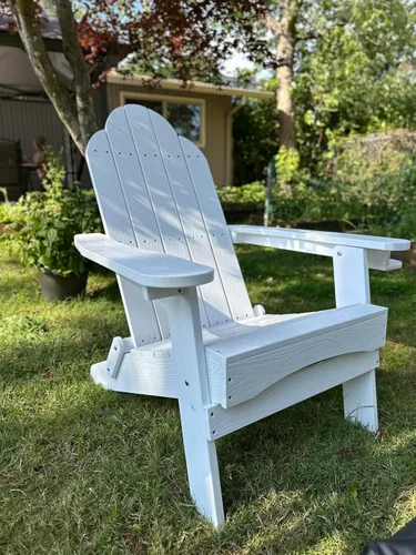 Miniatura 8 de LUE BONA Silla Adirondack plegable, juego de 2, portavasos, grano de madera, hoguera, patio, piscina, color blanco All-weather Use, Woodgrain