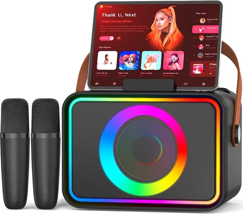 Máquina de karaoke, altavoz Bluetooth portátil con 2 micrófonos inalámbricos para adultos y niños con luces LED, micrófono de karaoke, compatible