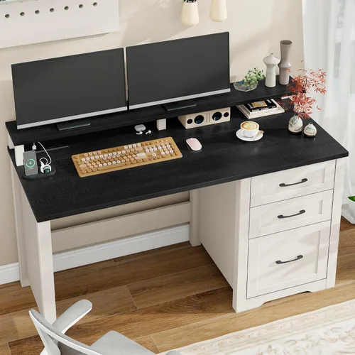 Miniatura 6 de Vabches 47" Farmhouse Executive Desk with Monitor Stand & File Cabinet,3 Drawers Computer Desk with LED Lights and Power Outlets,Workstation for