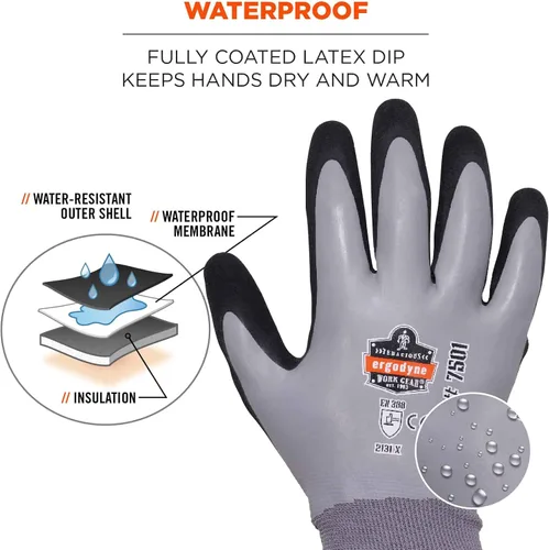 Miniatura 5 de Ergodyne ProFlex 7501 Guantes de Trabajo de Invierno Impermeables con Revestimiento, Palmas Recubiertas de Nitrilo Arenoso, Forro Polar Térmico