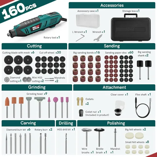 Miniatura 6 de NEU MASTER Kit de herramientas rotativas de 180 W con 160 accesorios, juego de herramientas rotativas con cable de 6 velocidades 10000-35000 RPM
