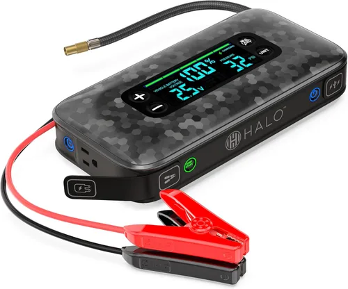 Miniatura 9 de HALO Bolt Ultimate 3 arrancador de batería de auto portátil Compresor de aire de 130 PSI, banco de energía USB de 55.5Wh, pantalla grande, faro
