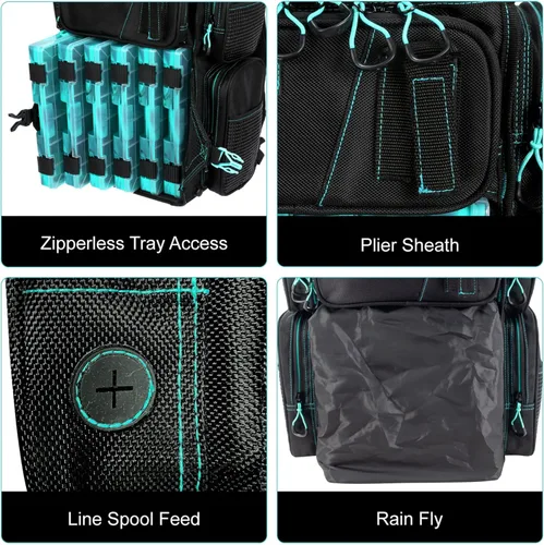 Miniatura 3 de Mochila para aparejos de pesca Evolution Drift Series, mochila de camping con 6 bandejas para aparejos de pesca, resistente Verde mar